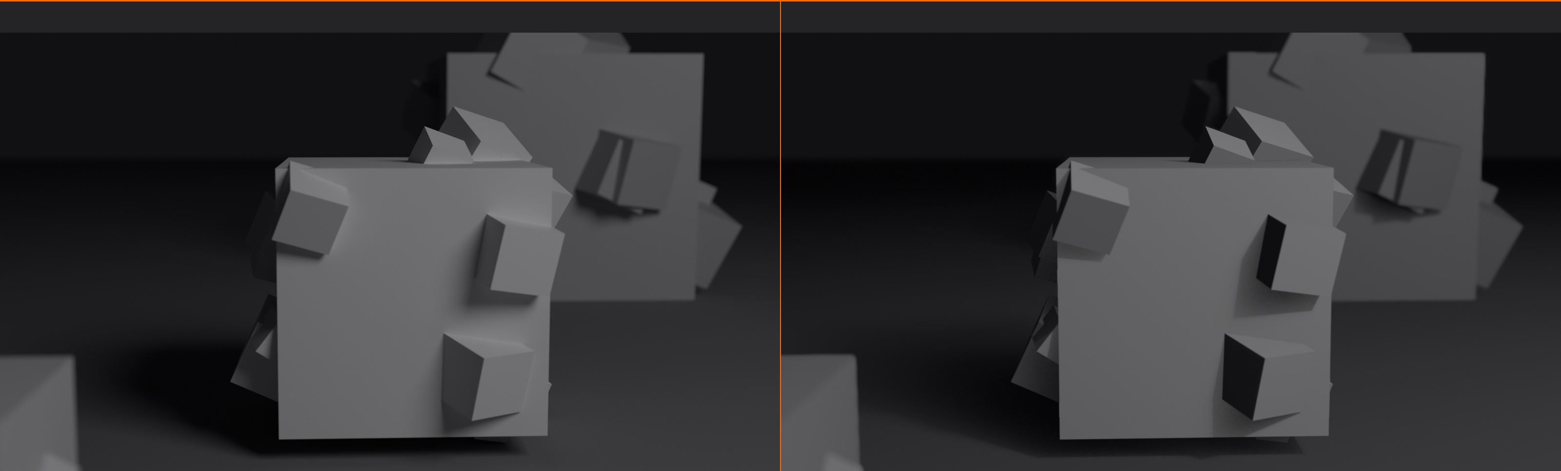 The same depth of field scene rendered by two engines side by side. The left panel, rendered in Cycles, shows a smooth optical falloff on the background cluster. The right panel, rendered in Eevee, shows a thinner, harder blur with visible edge artifacts.