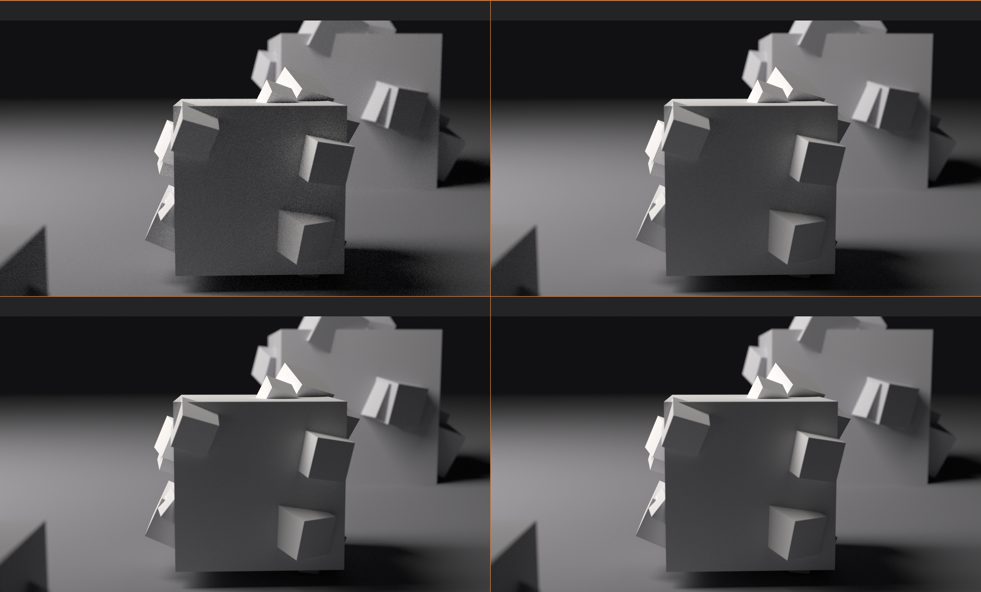 A two by two grid of the same shallow depth of field render at rising Cycles sample counts. Top left at 16 samples is visibly grainy across the clay surfaces and the blur zone; top right at 64 samples is noticeably cleaner; bottom left at 256 samples is nearly smooth; bottom right at 1024 samples is fully clean.