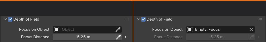 Two crops of the camera Depth of Field panel side by side. The left panel shows the manual method: no focus object is set, so the Focus Distance field is active and entered by hand. The right panel shows the focus object method: Focus on Object is set to Empty_Focus, so the Focus Distance field is greyed out and driven automatically.