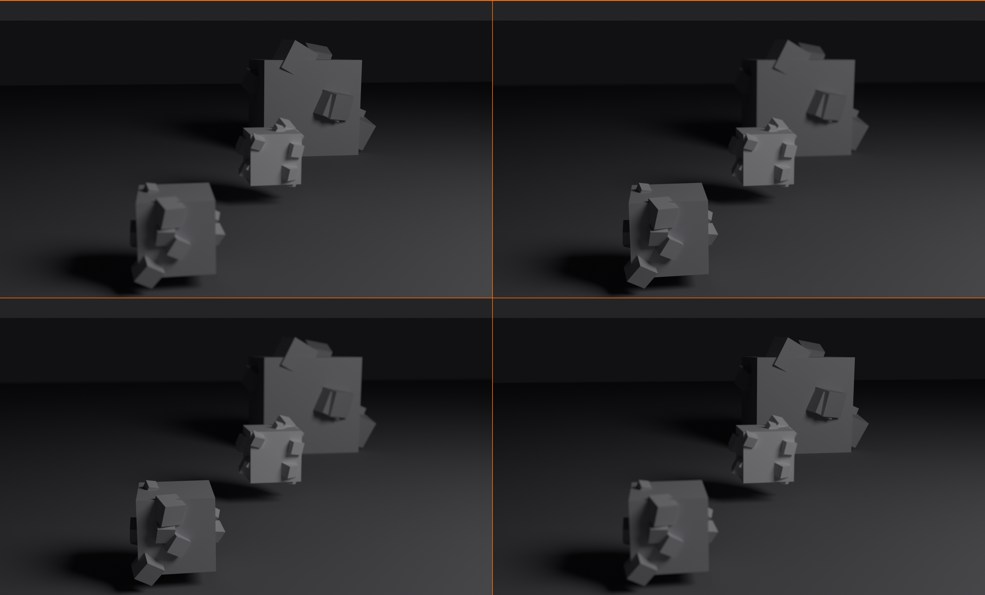 A two by two grid of the same scene. Top row: the near subject is the intended focus; left panel focuses too far so the foreground subject is soft, right panel focuses on the near subject so it is sharp. Bottom row: the far subject is the intended focus; left panel focuses too near so the background subject is soft, right panel focuses on the far subject so it is sharp.