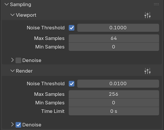 Blender's Render Properties Sampling panel. It has a Viewport subsection with Max Samples set to 64 and a Render subsection with Max Samples set to 256 and Denoise enabled. These are the sample settings that control how cleanly depth of field blur renders.