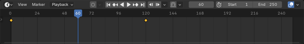 The Timeline editor: keyframe diamonds mark the start and end frames, the playhead shows the current frame, and the frame range runs from 1 to 250.