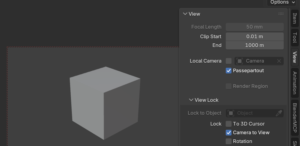 Blender N panel View tab with Lock Camera to View enabled, so dragging the viewport moves the active camera.