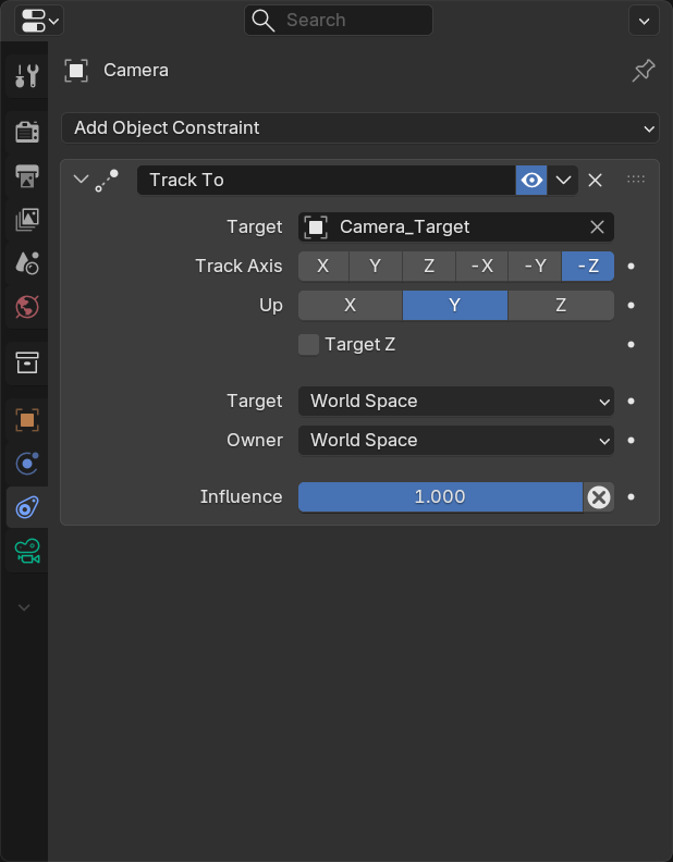 Track To constraint panel with Target, To -Z, and Up Y highlighted