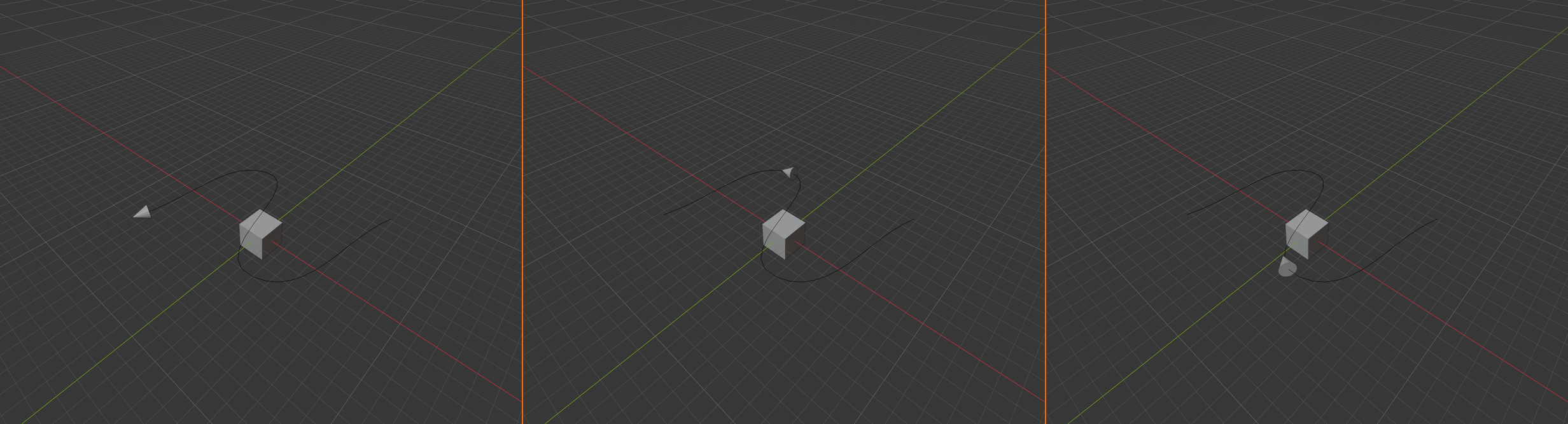 Three-panel follow-path setup: draw path, attach constraint, animate