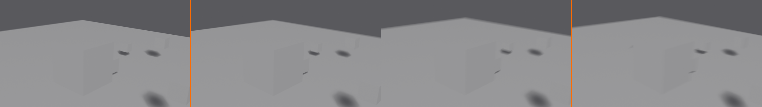 Four-panel render of one shot at escalating handheld shake intensity