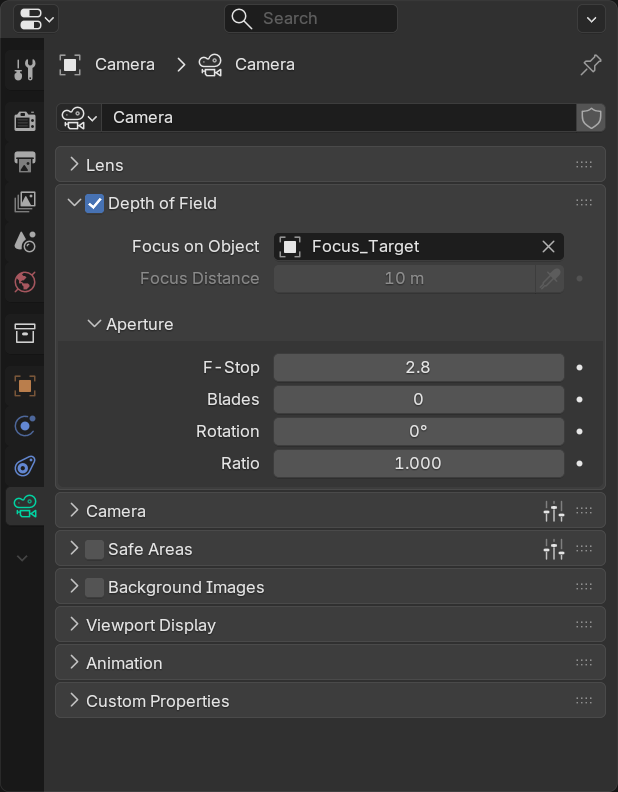 Camera Data Depth of Field panel with Focus Object assigned