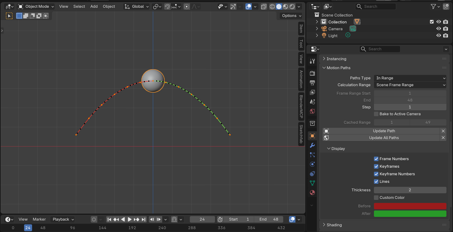 Blender viewport showing a ball's motion path as a dotted arc with frame dots, alongside the Motion Paths panel in Object Properties.