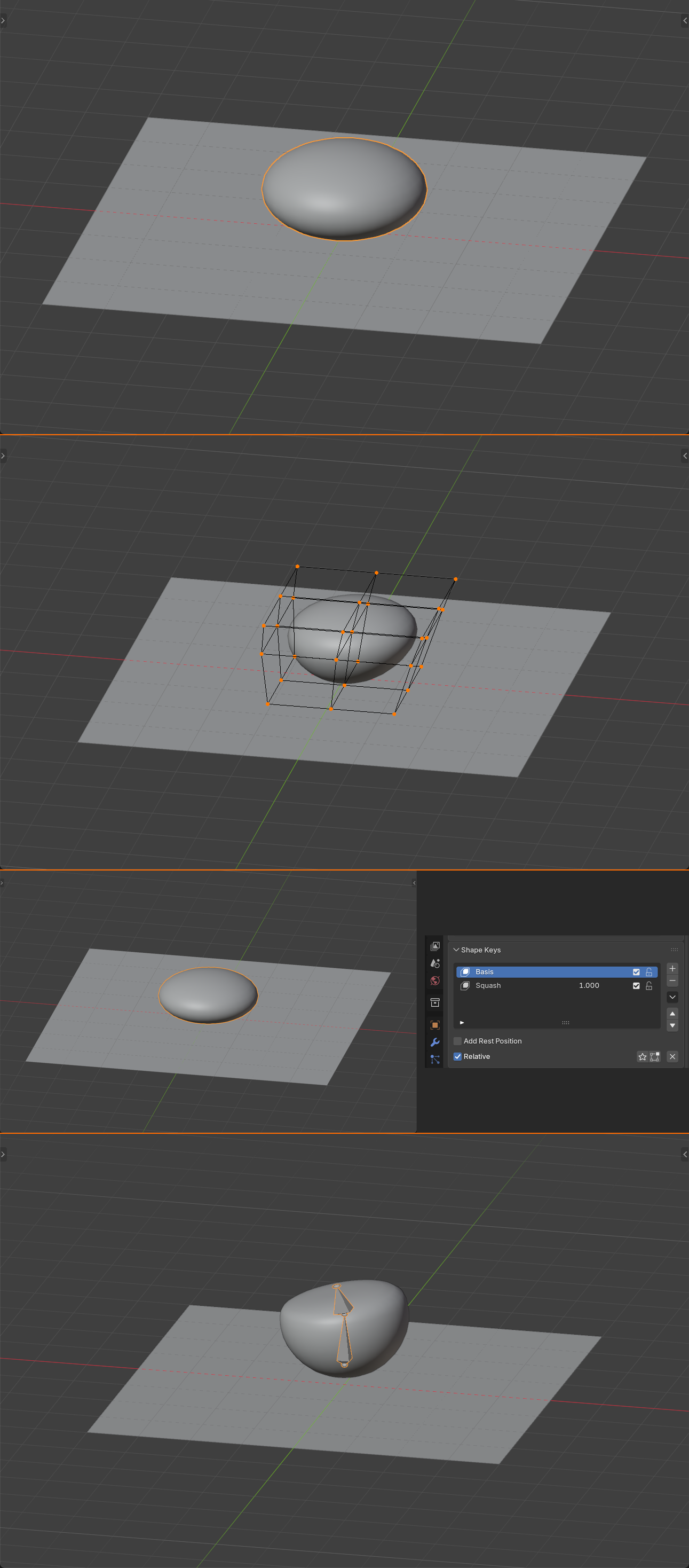 A four panel composite showing squash and stretch in Blender by four methods: manual scale keyframes, a lattice modifier, shape keys, and an armature.