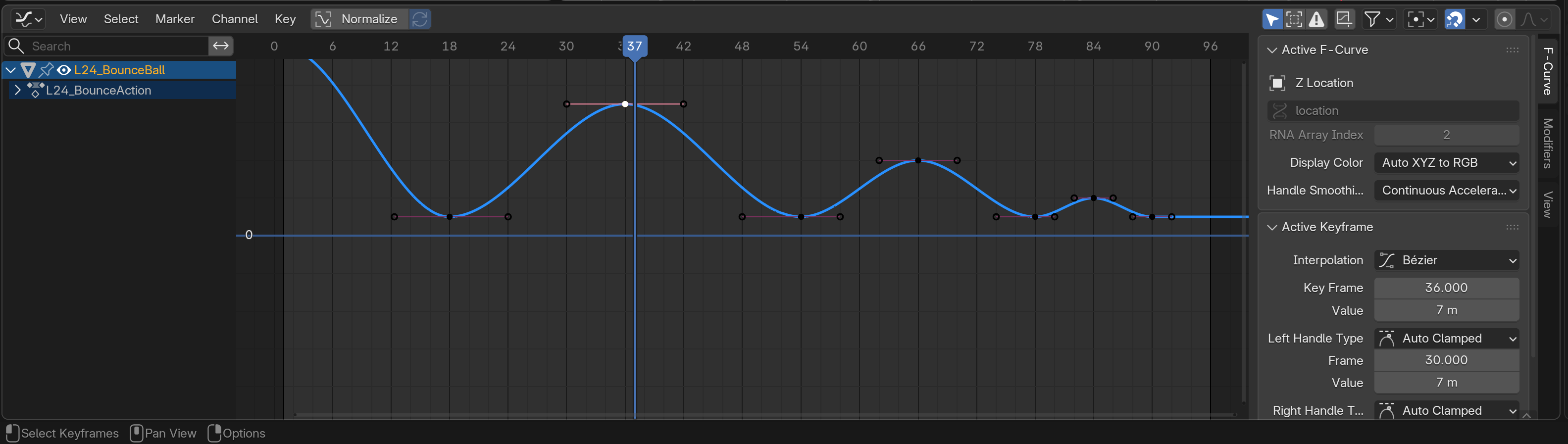 The Blender Graph Editor showing a smooth Bezier location F-curve with visible keyframe handles.