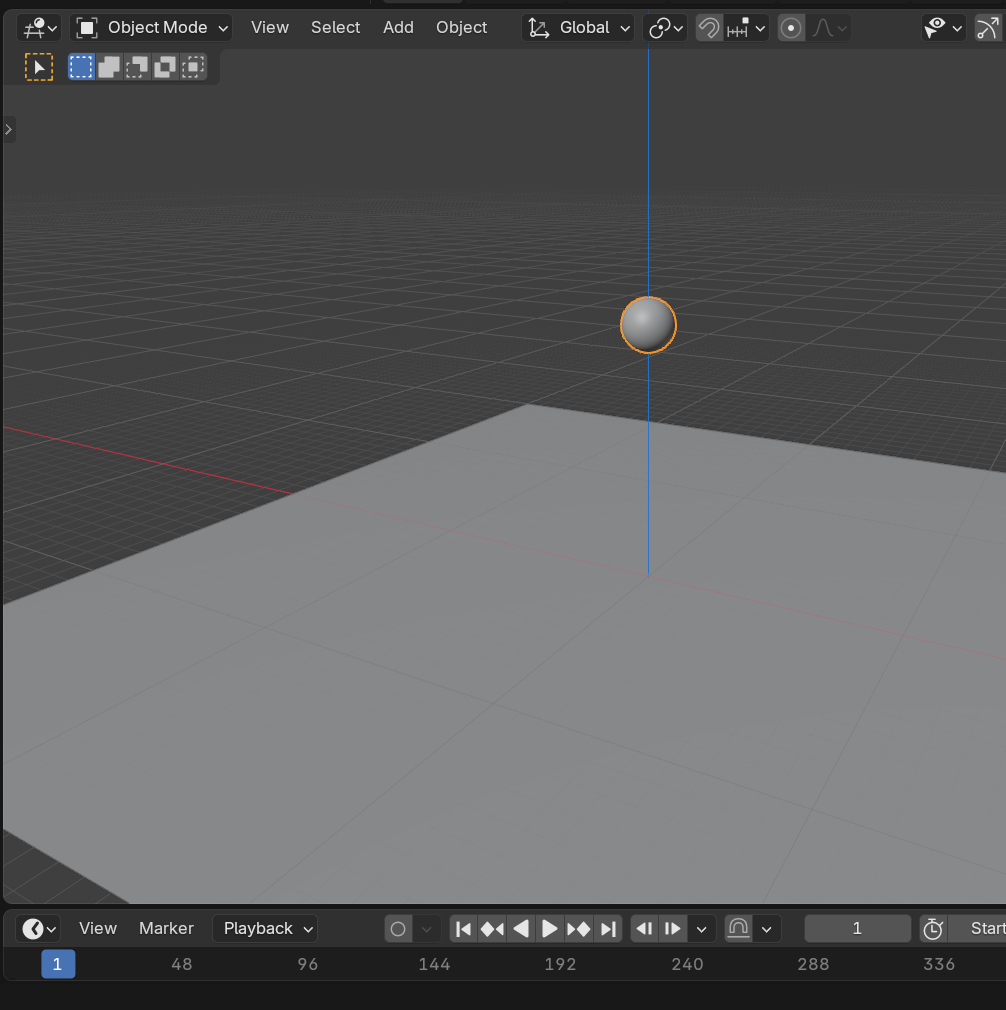 The Blender viewport showing the bouncing ball project setup: a ball positioned above a large ground plane at the first frame.