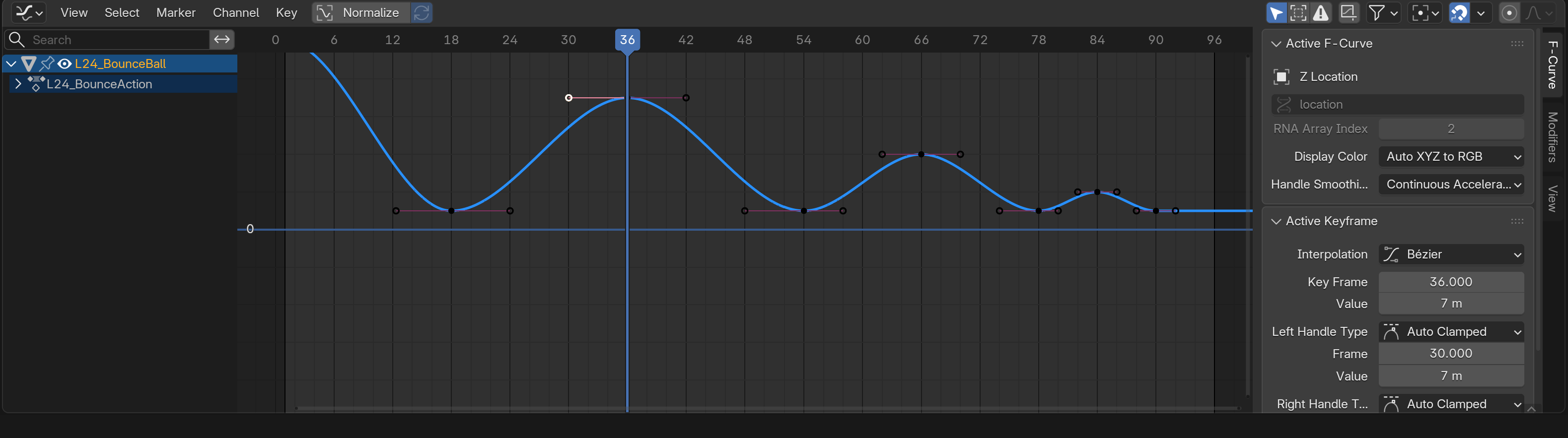 The Blender Graph Editor showing the Z-location bounce curve, a decaying three-bounce wave with rounded apexes and sharp impacts.