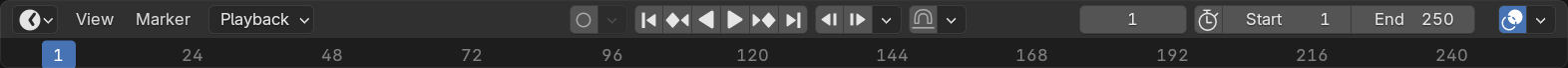 The Timeline editor with its frame ruler, blue playhead, keyframe diamonds, playback controls, and frame-range fields, each labeled.