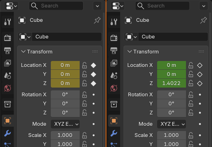 A keyed property field on a keyframe (yellow) versus animated but off a keyframe (green), the color coding Blender uses to show keyframe state.