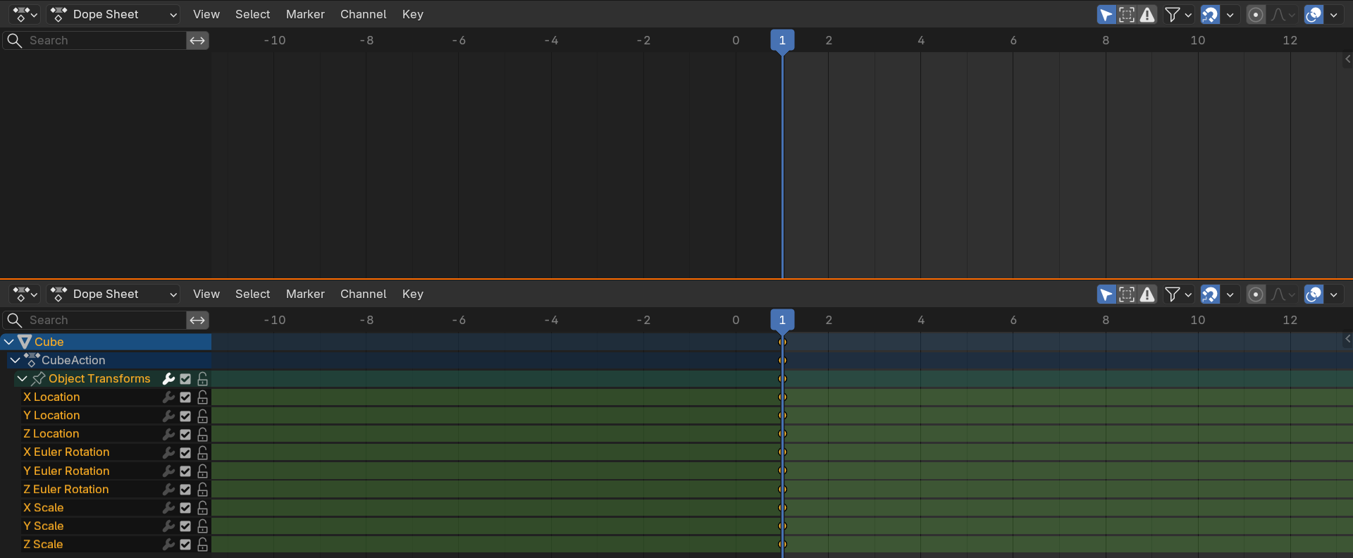 Pressing I with nothing keyed (top) versus after one press (bottom), which keys all nine transform channels at the current frame at once.