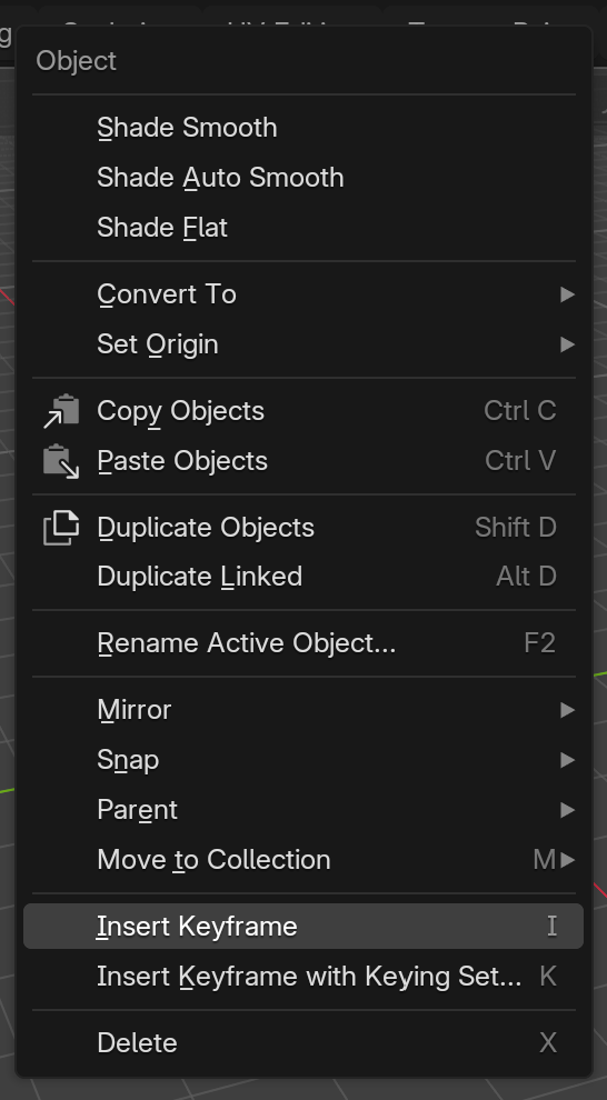 The right-click Object context menu with Insert Keyframe highlighted, the 5.x menu method for inserting a keyframe on a property.