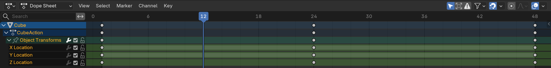 A clean Dope Sheet strip showing the selection methods: click one key, or box-select a range of keys to edit them together.