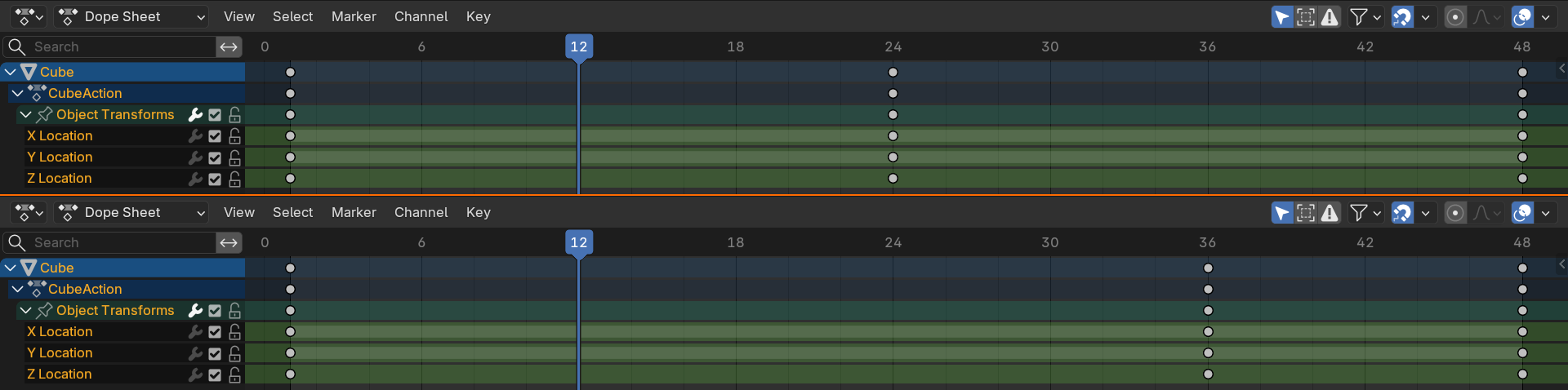 Before and after of keyframes being moved along the timeline, with an arrow showing the middle key dragged from frame 24 to frame 36.