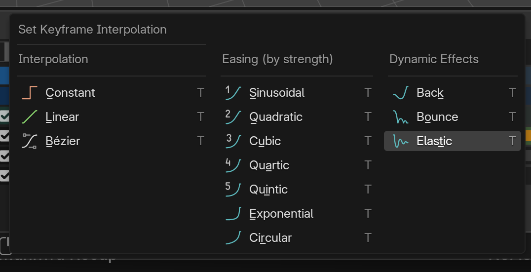 The Set Keyframe Interpolation menu (T) with its left Interpolation column, Constant, Linear, and Bezier, the three core modes covered above.