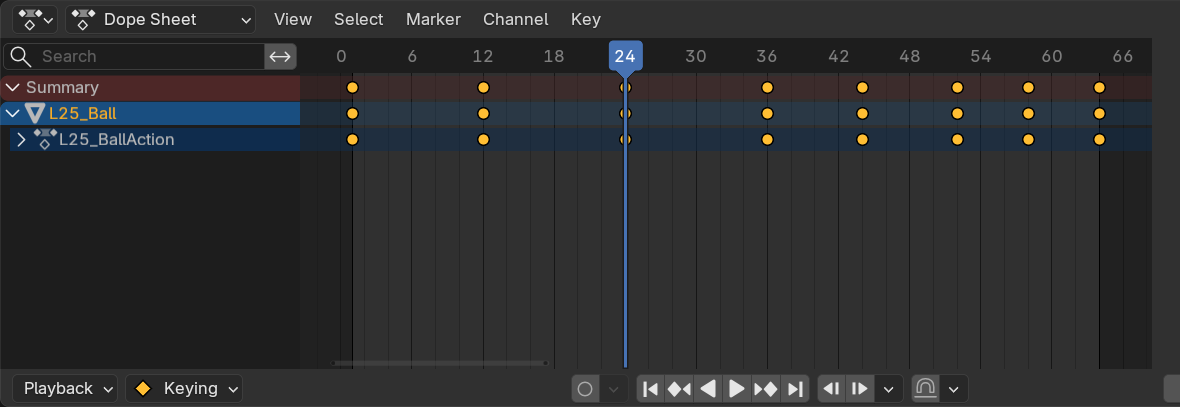 The bouncing-ball Timeline: keyframe diamonds across the bounce, with apex and contact points marked and the tightening spacing called out.