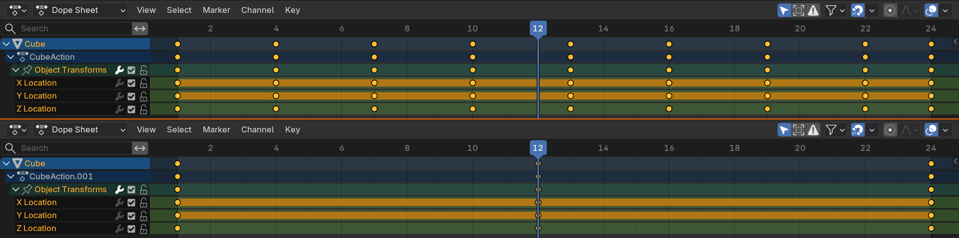 Before and after comparison of keyframe cleanup: a cluttered timeline with too many keyframes above, and a cleaned up version with only the optimal keyframes below.