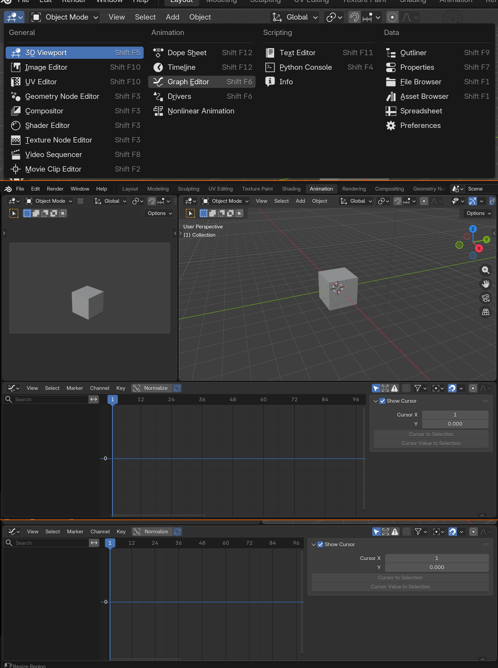 Three ways to open the Graph Editor, stacked vertically and separated by orange dividers: Method 1 picks Graph Editor from the editor-type menu, Method 2 switches to the Animation workspace where it is already docked, and Method 3 splits an existing editor and changes its type.
