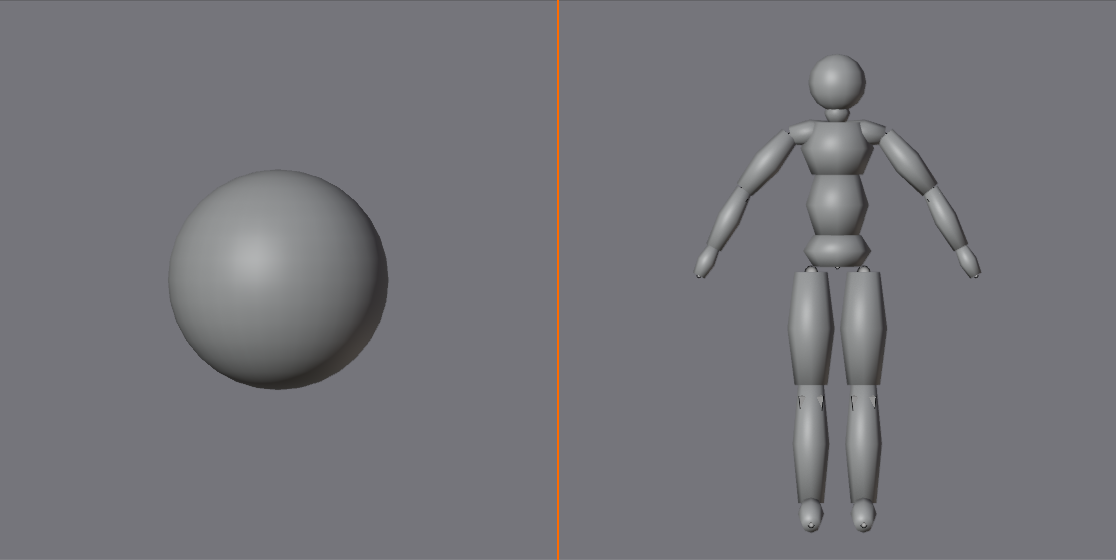 Two-panel comparison: a simple sphere with one pivot point on the left, and a skinned humanoid mannequin marked with twenty-plus joint points on the right.