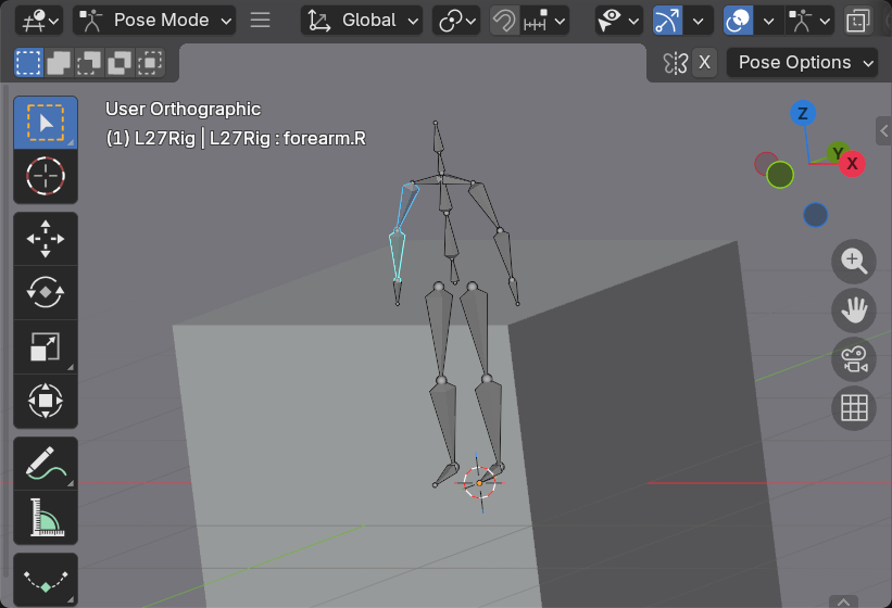 The Blender Pose Mode interface. Callouts mark the Pose Mode selector, the selected bone shown in cyan, the unselected grey bones, the Transform Tools, the Pose menu, and the axis gizmo.