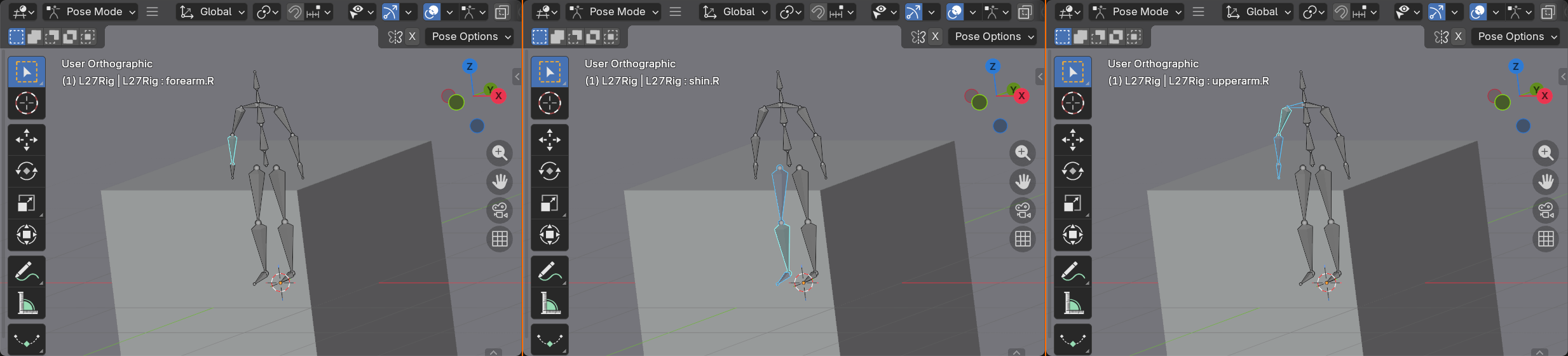 Three panels of the same rig showing three selection methods: a single bone via click select, a leg group via box select, and a whole arm chain via select linked.