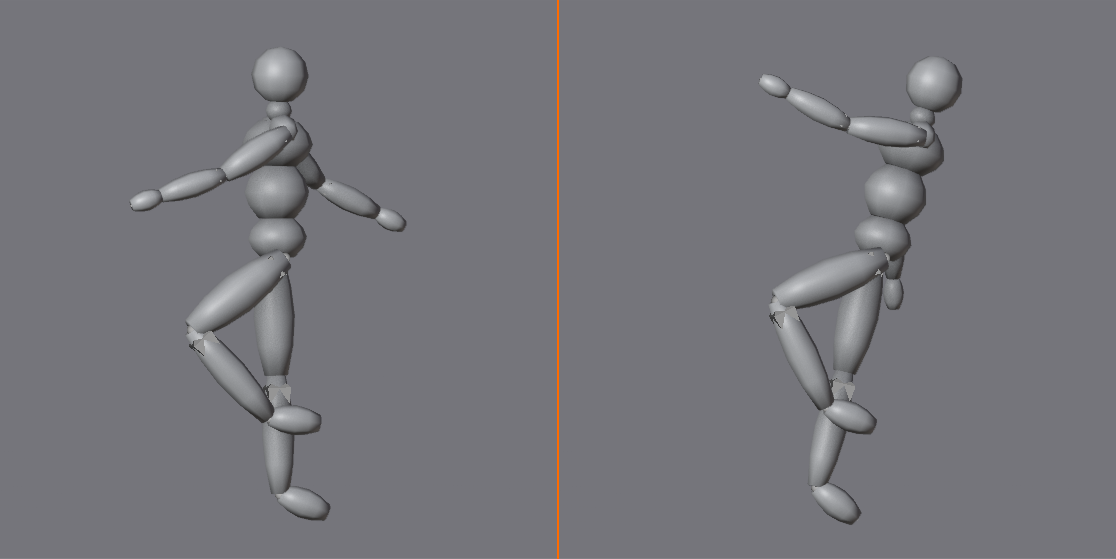 Two poses compared. Left: the centre of gravity sits over the support foot, so the figure is balanced. Right: the centre of gravity falls outside the support, so the figure is falling.