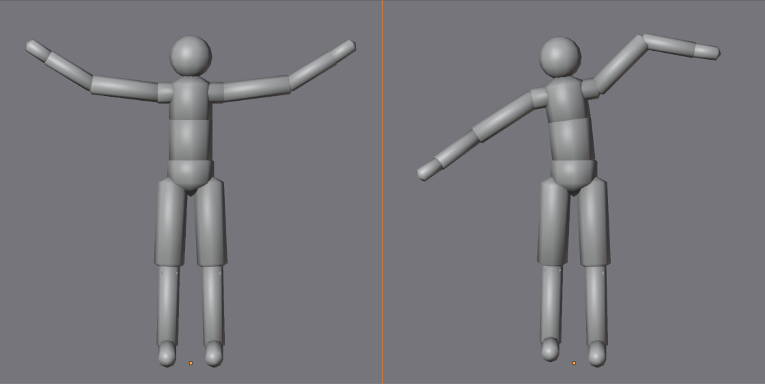 Two front view poses. Left: arms raised in a perfectly symmetric, twinned pose. Right: an asymmetric pose with offset arms and a weight shift, which reads as natural.