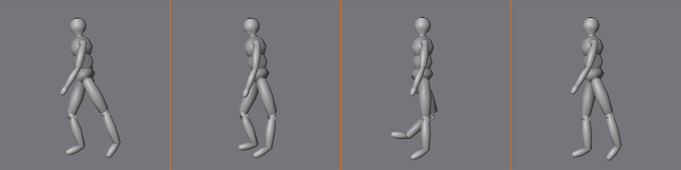 The four key poses of a walk cycle in profile: Contact at frame 1, Down at frame 4, Passing at frame 7, and Up at frame 10.