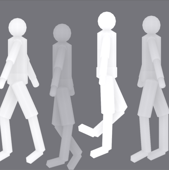 A profile ghost sequence of a walk with overlays: a green wave showing the vertical hip bob, a blue arrow showing steady forward motion, and a red inset showing the small lateral sway.