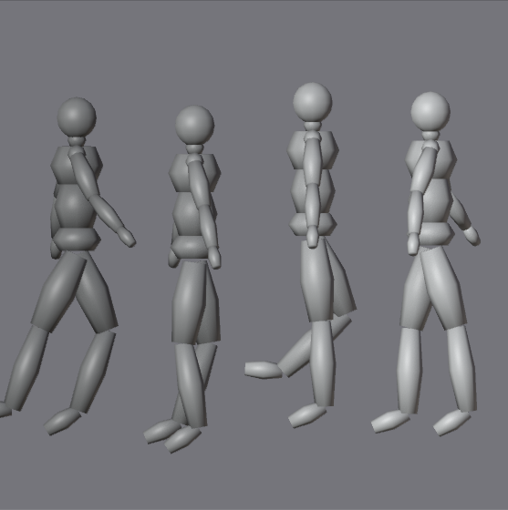 A profile ghost sequence marching left to right, with an orange ground path and stride tick marks showing the root moving forward by one stride each step.