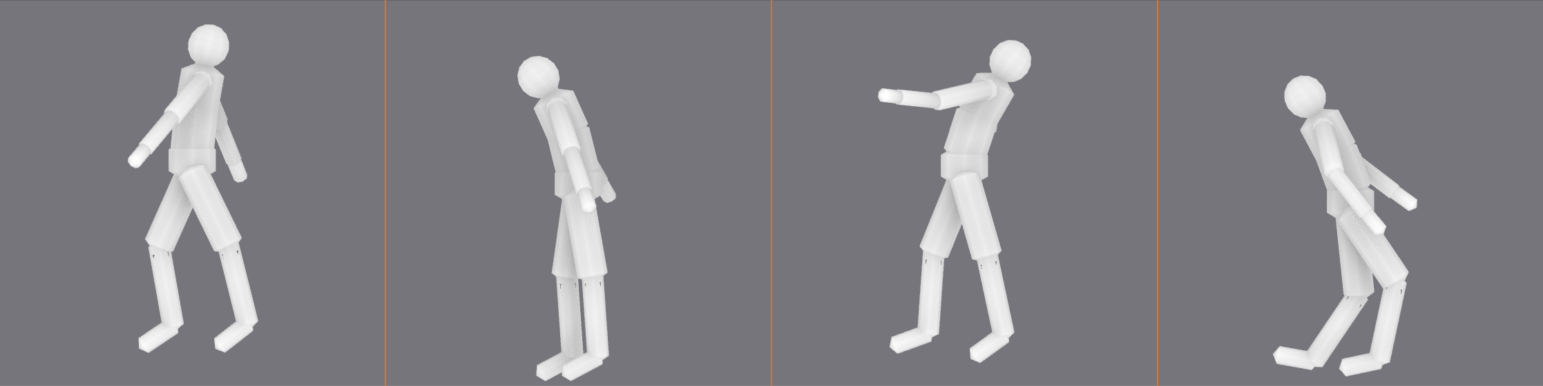 Four profile walks of the same rig showing personality: a happy bouncy walk, a sad dragging walk, a confident swagger, and a sneaky crouched walk.