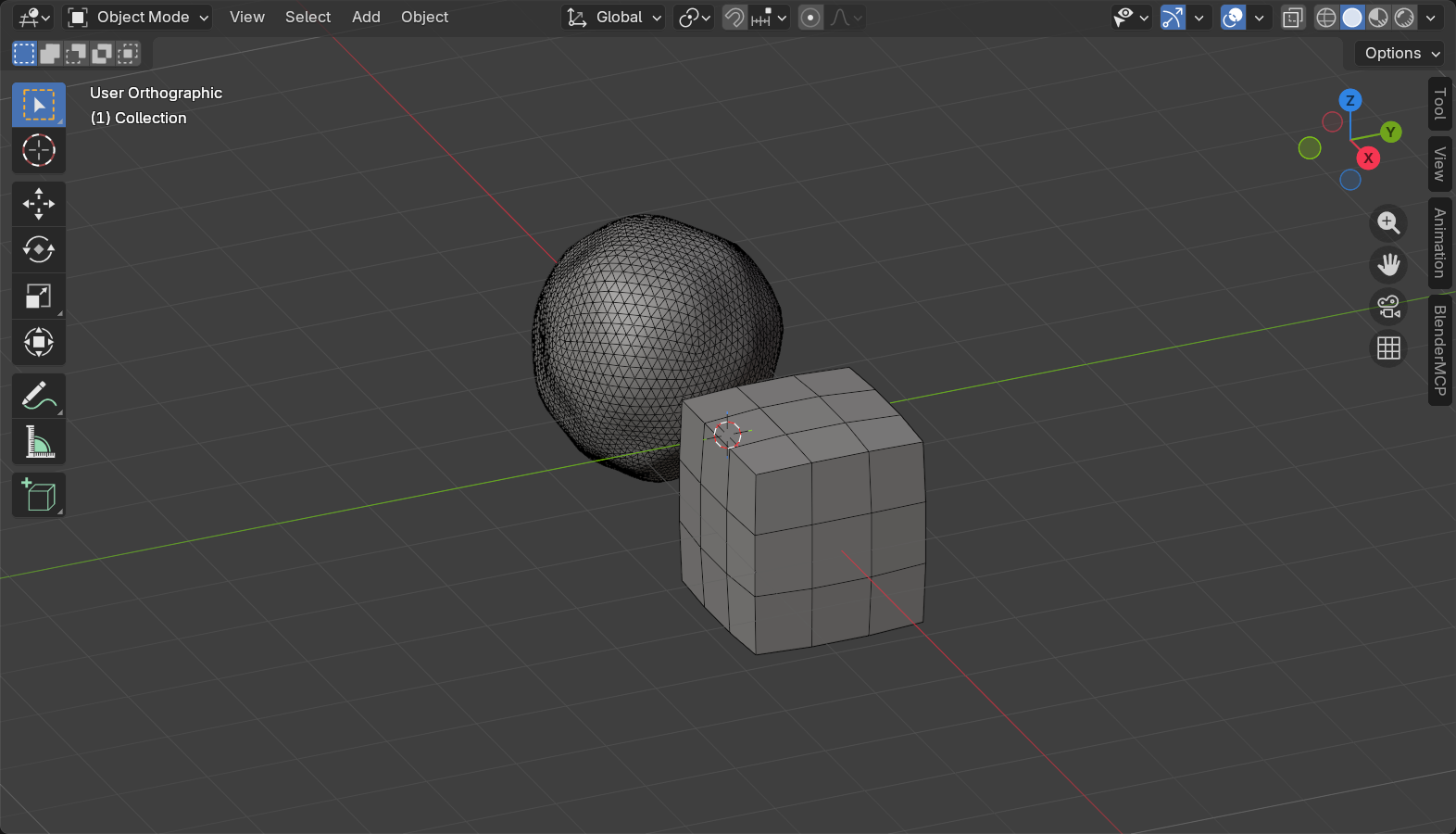 Side-by-side viewport comparison: a dense triangulated sculpt mesh on the left versus a clean low-poly quad box-model cage on the right, both shown with wireframe overlay.