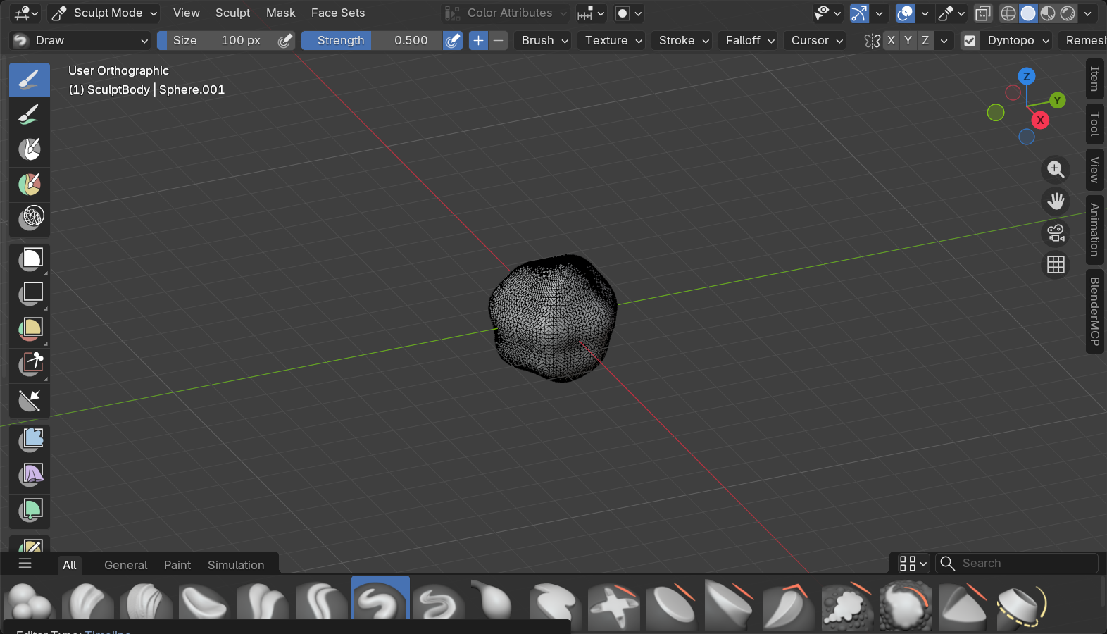 Blender Sculpt Mode viewport showing a dense, worked sphere with a fine wireframe overlay, the result of high detail settings.