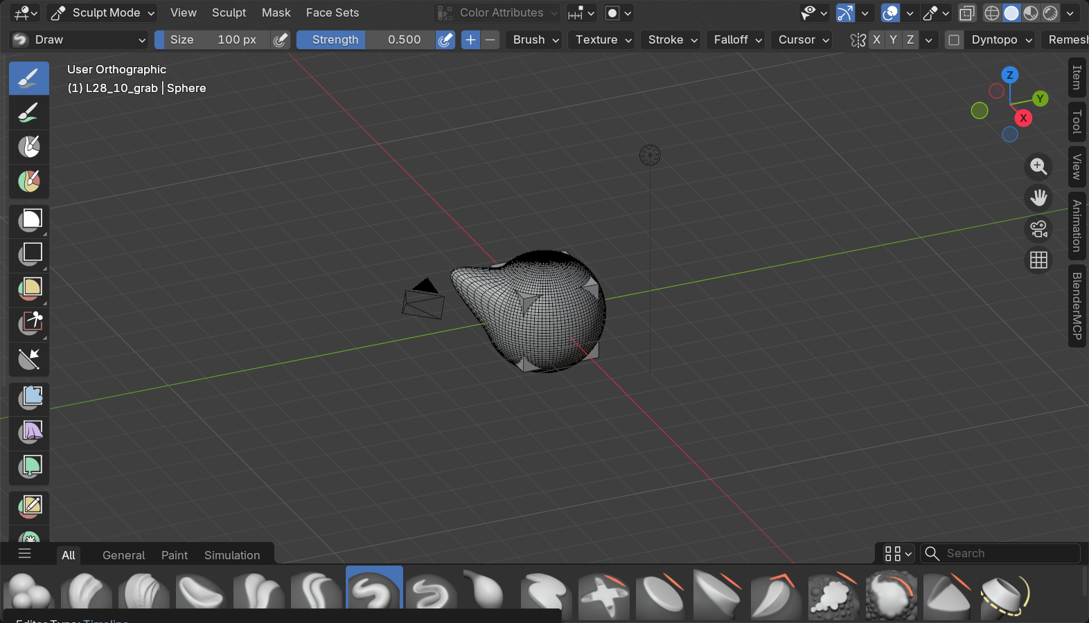Blender Sculpt Mode viewport, Grab brush demonstration: a sphere with one region of mass pulled out and up into a single soft protrusion.