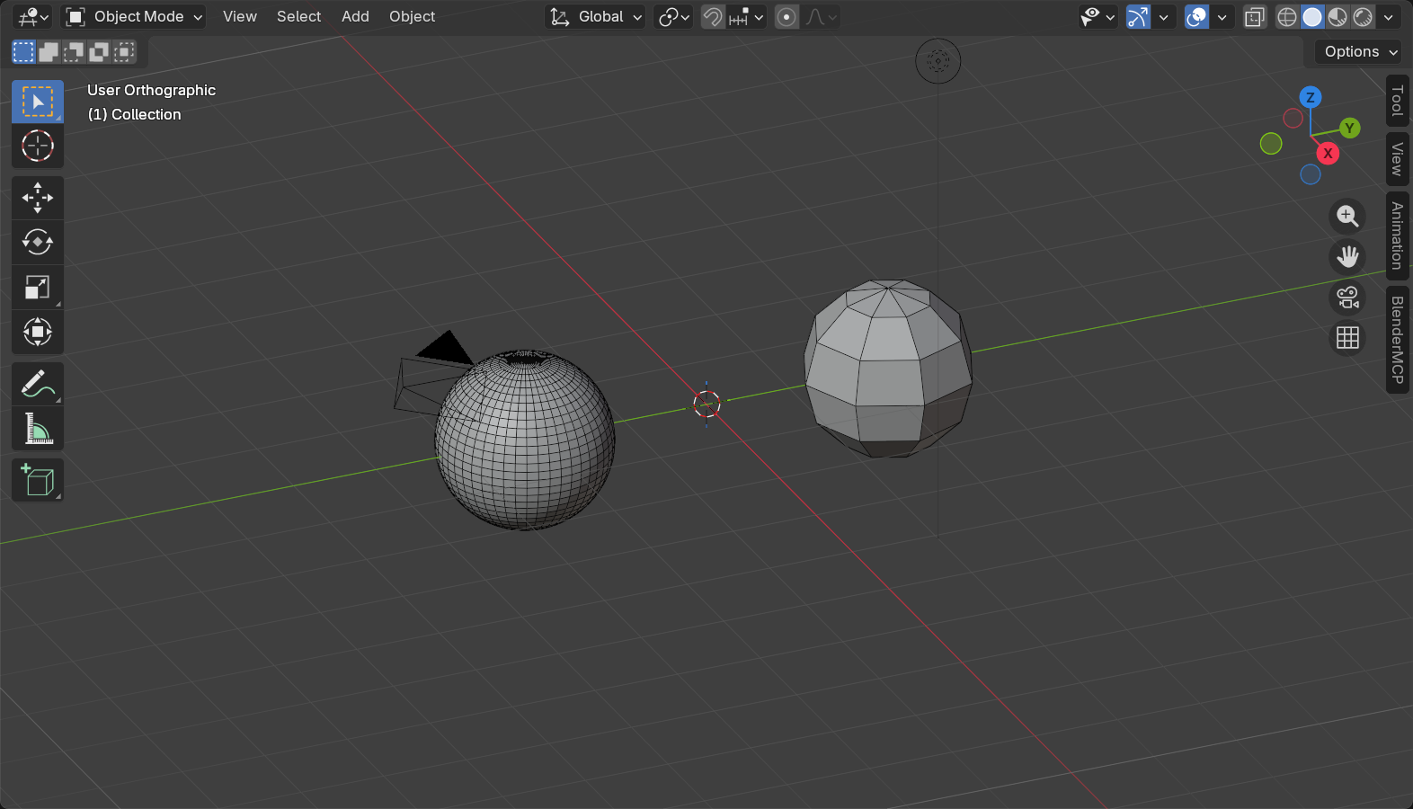 Two spheres compared in Blender Object Mode with wireframe overlay: a dense, smooth high-resolution sphere beside a faceted low-polygon sphere.