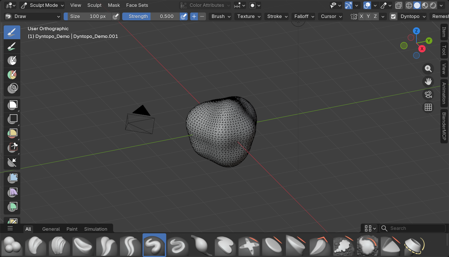 Blender Sculpt Mode with the Dynamic Topology toggle enabled in the header and a single dense, uniformly triangulated blob in the viewport.