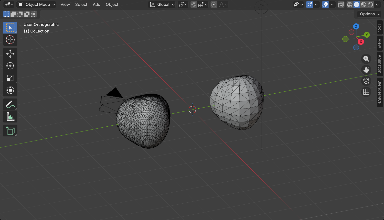 Two Dynamic Topology blobs compared in Blender with wireframe overlay: one with fine, dense triangles and one with coarse, large triangles.