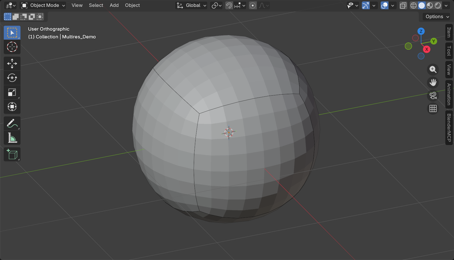 Blender Object Mode viewport with wireframe overlay: a sphere built from a cube base with a Multiresolution modifier, showing a regular quad grid and heavy base-cage seams.