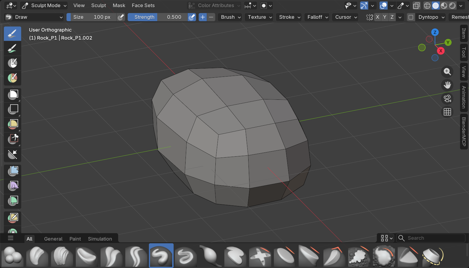 Blender Sculpt Mode viewport, Option A stylized rock Phase 1 blockout: a faceted base mass roughed out from a sphere using Grab and Clay Strips, no surface detail yet.