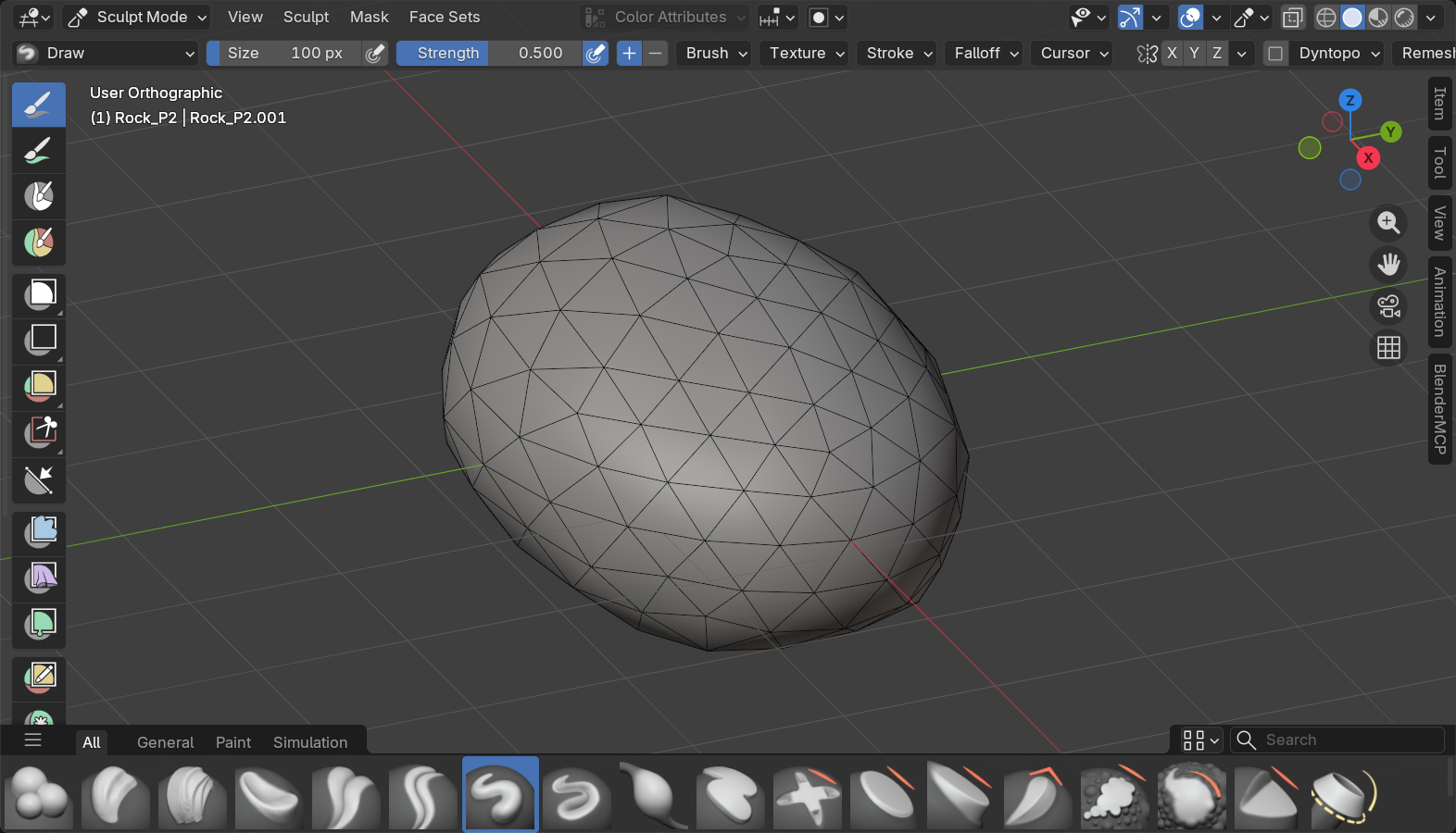 Blender Sculpt Mode viewport, Option A stylized rock Phase 2 bulk masses: overall volume and proportion refined at moderate resolution.