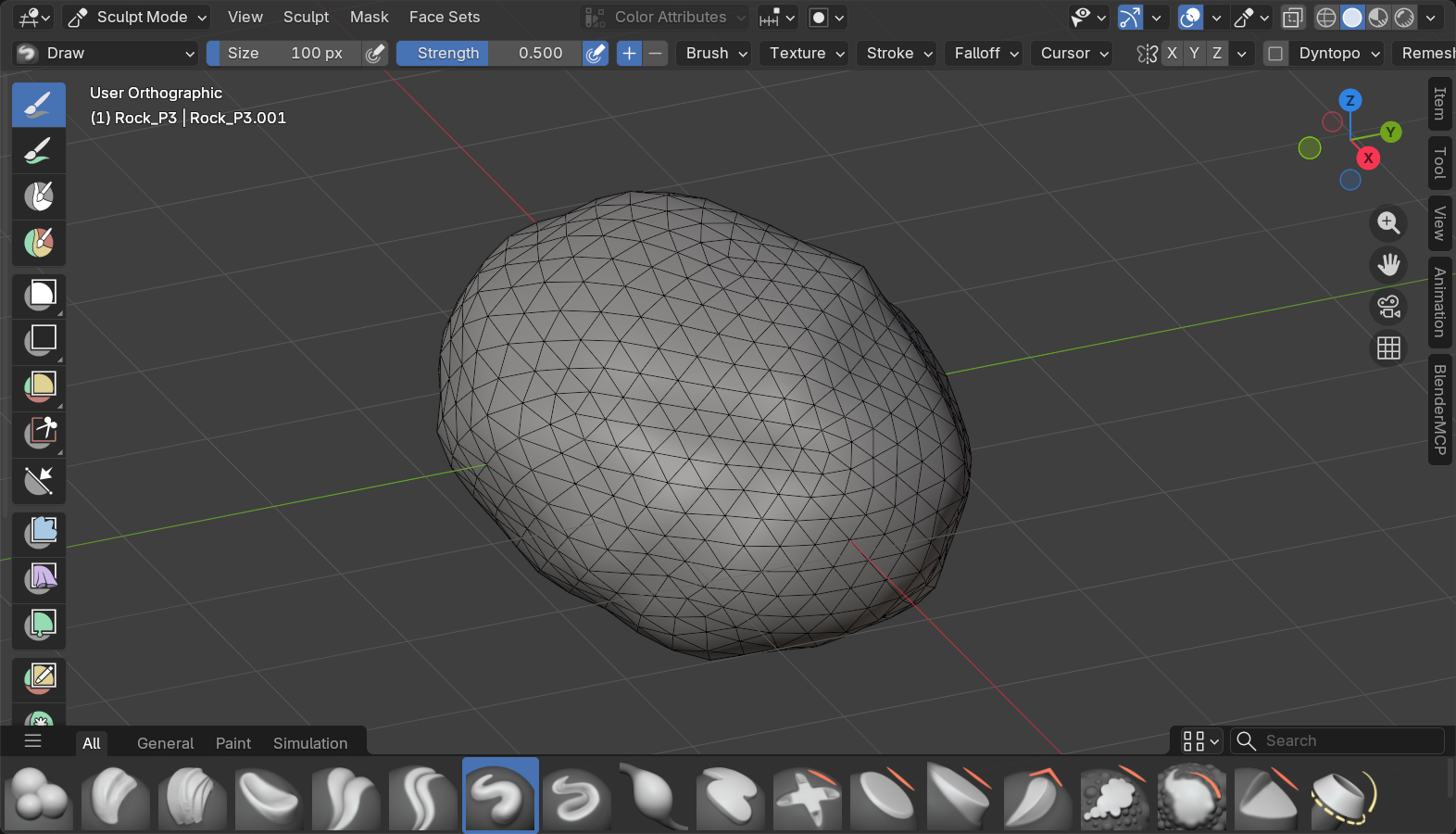 Blender Sculpt Mode viewport, Option A stylized rock Phase 3 mid detail: surface variation, lumps and planes added as the rock's character emerges.