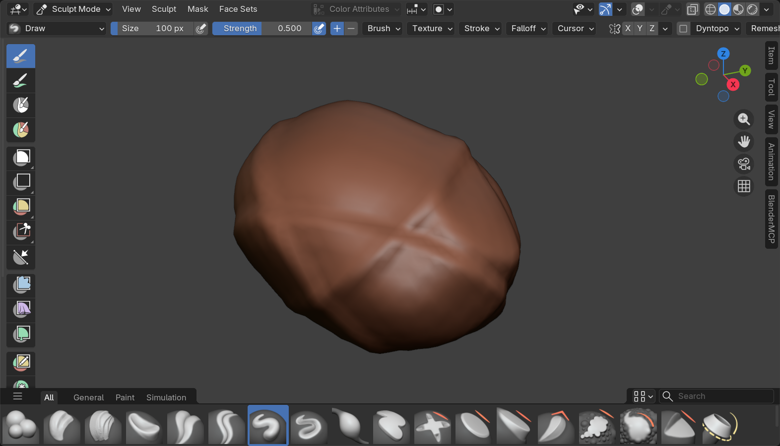 Blender Sculpt Mode viewport, Option A stylized rock Phase 4 finished sculpt viewed under a MatCap material for clean form evaluation.