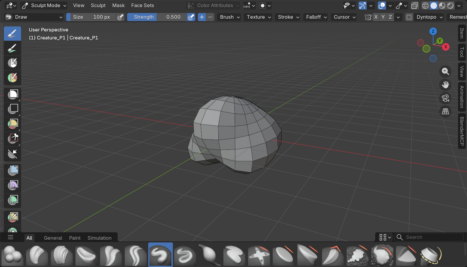 Blender Sculpt Mode viewport, Option B creature head Phase 1 blockout with X-symmetry enabled so the mirrored head stays balanced from the start.