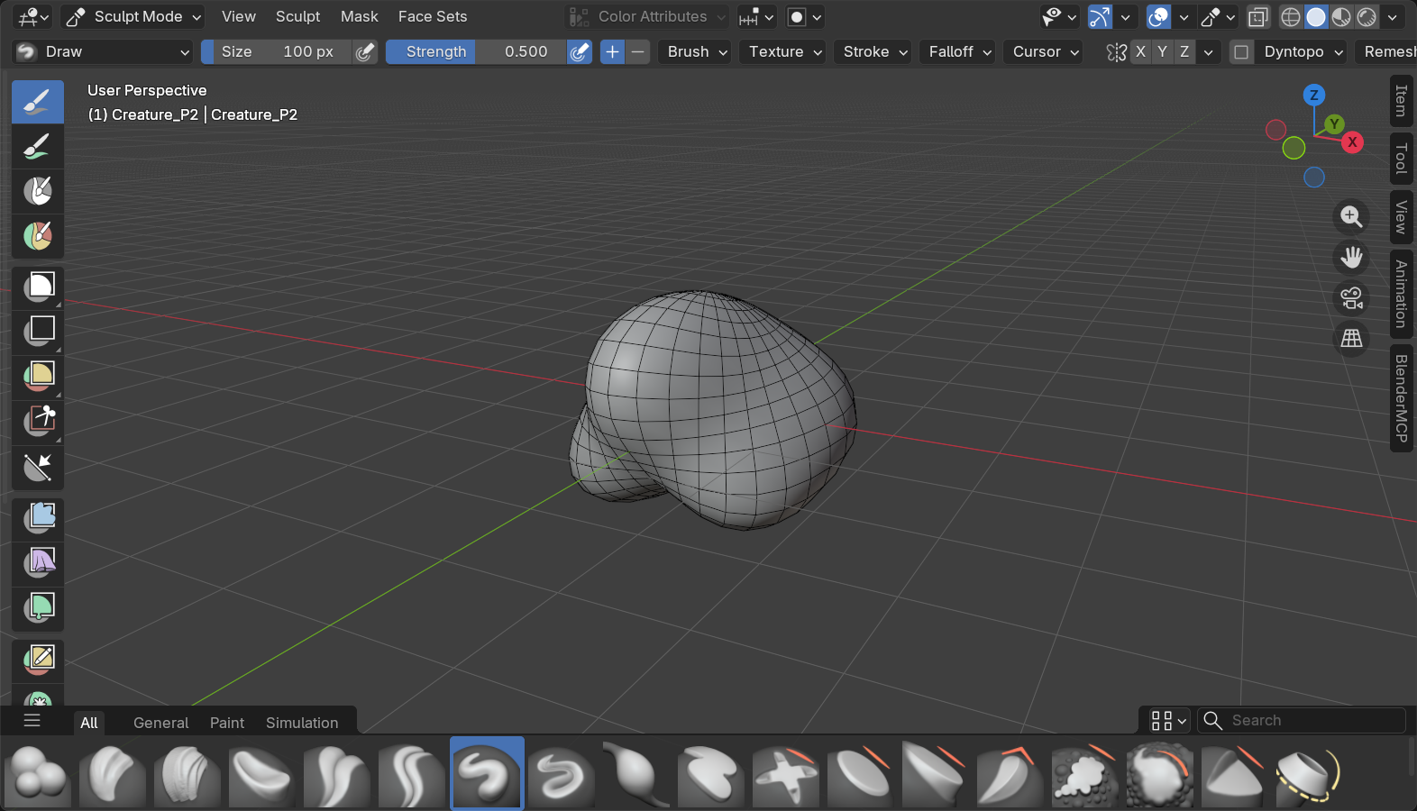 Blender Sculpt Mode viewport, Option B creature head Phase 2 bulk masses: primary head and jaw volumes blocked in before features.