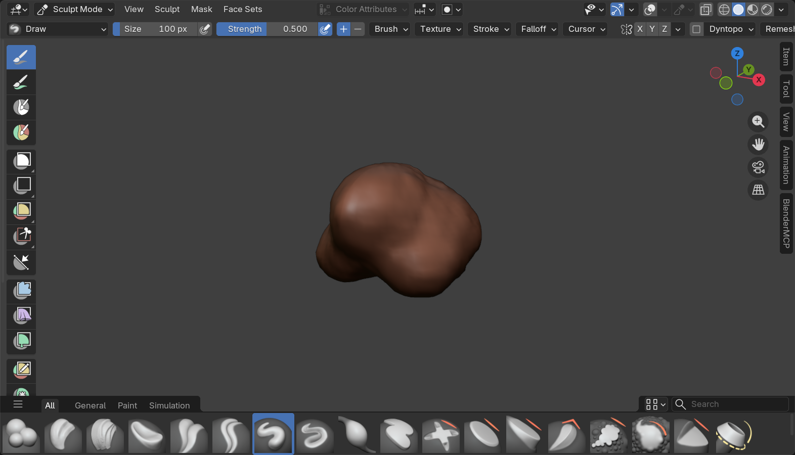 Blender Sculpt Mode viewport, Option B creature head Phase 4 finished sculpt viewed under a MatCap material, a portfolio-ready character head.