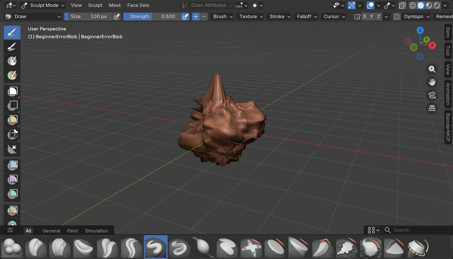 A deliberately flawed beginner sculpt: a lumpy blob over-detailed without underlying forms, with pinched vertices and no clean masses.